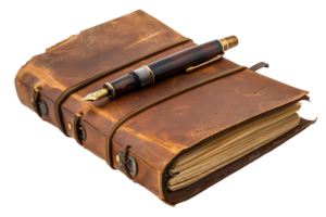 AI generated Vintage leather journal with fountain pen png