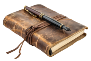 AI generated Vintage leather journal with fountain pen png