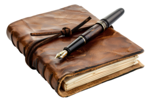 AI generated Vintage leather journal with fountain pen png