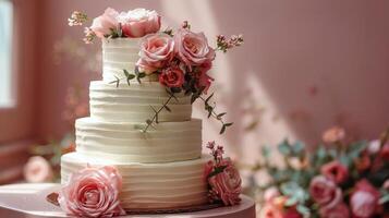 ai generado elegante blanco Boda pastel con rosado flores foto