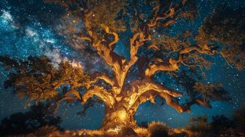 ai generado iluminado grande árbol en luces foto