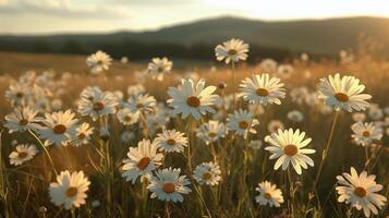 AI generated Field of White Daisies With Mountain Background photo