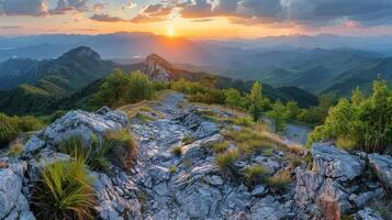 ai generado panorámico vista desde montaña cumbre foto