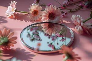 AI generated Mirror on Table Next to Flowers photo