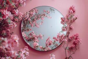 AI generated Mirror on Table Next to Flowers photo