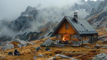 AI generated Cabin Nestled in Mountain Range photo