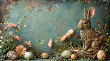 AI generated Rabbit Sitting in Nest With Eggs and Daisies photo