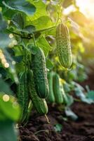 ai generado pepinos creciente en planta en jardín foto