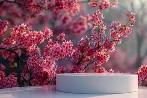 AI generated White Table With Vase of Pink Flowers photo