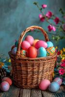 AI generated Colorful Eggs in Basket on Table photo