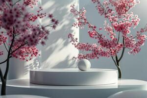 AI generated White Table With Vase of Pink Flowers photo