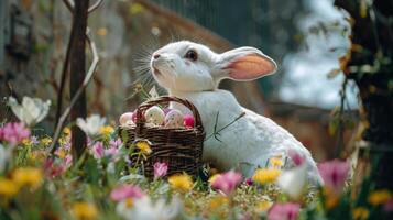 AI generated White Rabbit Sitting in Grass With Basket of Eggs photo