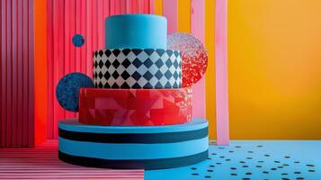 AI generated Colorful Multi-Tiered Cake With Decorations on Plate photo