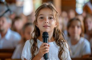 ai generado pequeño niña canto dentro micrófono foto