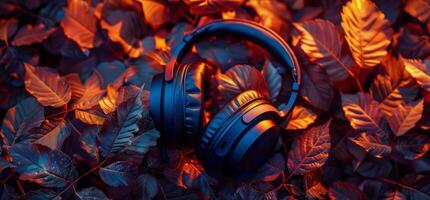 AI generated Headphones Resting on Leaves photo