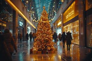 AI generated Christmas Tree in Mall With People Walking Around photo