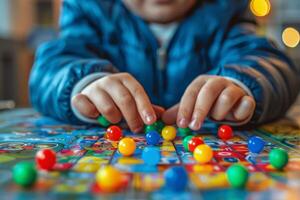 ai generado pequeño niña jugando con vistoso rompecabezas foto