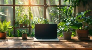 AI generated Laptop Computer on Wooden Table photo