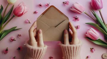 AI generated Person Holding Envelope in Front of Pink Flowers photo