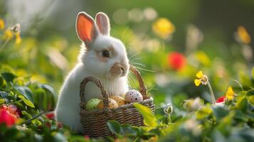 AI generated White Rabbit Sitting in Basket With Eggs photo