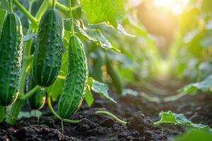 ai generado un Pepino crece en un jardín foto