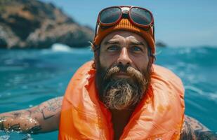 ai generado hombre vistiendo vida chaqueta y gafas de protección en agua foto