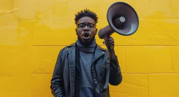 AI generated Man Holding Megaphone in Front of Yellow Wall photo