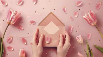 AI generated Person Holding Envelope in Front of Pink Flowers photo