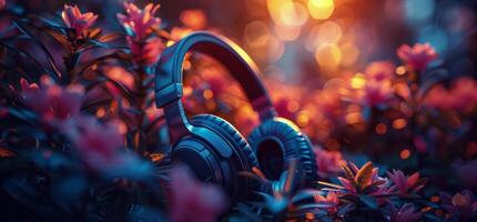 AI generated Headphones on Lush Green Field photo