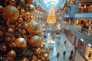 ai generado Navidad árbol en centro comercial con personas caminando alrededor foto