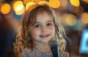 ai generado pequeño niña participación micrófono y sonriente foto