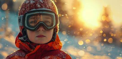 ai generado joven niño en rojo chaqueta y gafas de protección foto