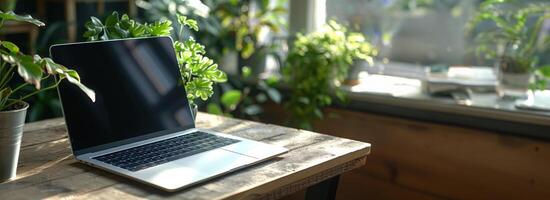 AI generated Laptop Computer on Wooden Table photo