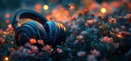 AI generated Headphones on Lush Green Field photo