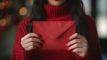 AI generated Woman in Red Sweater Holding Red Envelope photo
