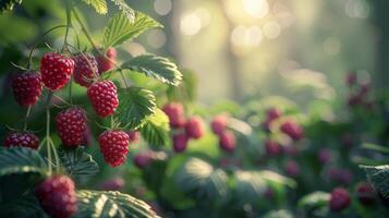 AI generated Raspberries Growing on Bush in Forest photo