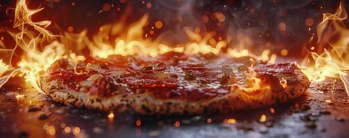 AI generated Pizza on Flaming Table photo