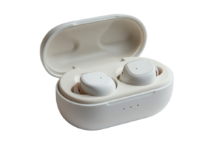 AI generated Sleek white wireless earbuds in case png