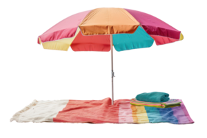 AI generated Colorful beach umbrella with matching towels on sand png