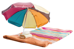 AI generated Colorful beach umbrella with matching towels on sand png