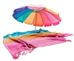 AI generated Colorful beach umbrella with matching towels on sand png