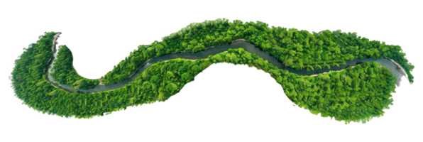 AI generated Lush green forested river island from aerial perspective on transparent background - stock png. png