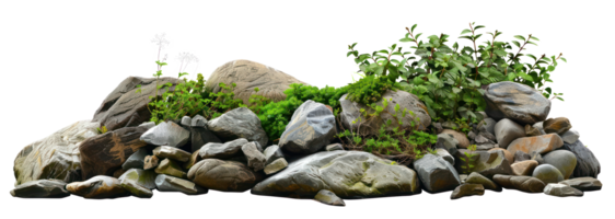 AI generated Serene rocky garden with diverse plants and stones on transparent background - stock png. png