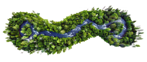 AI generated Lush green forested river island from aerial perspective on transparent background - stock png. png