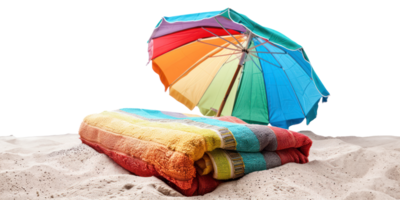 AI generated Colorful beach umbrella with matching towels on sand png