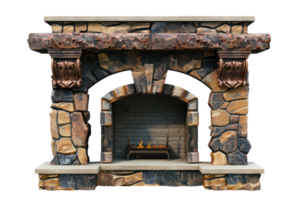 AI generated Vintage stone fireplace on transparent background - stock png. png
