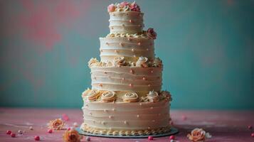 AI generated Wedding Cake With Pink Flowers on Table photo