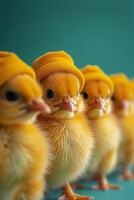 AI generated Group of Small Yellow Chicks on Blue Surface photo