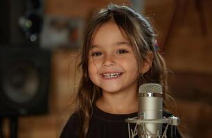 ai generado pequeño niña participación micrófono y sonriente foto