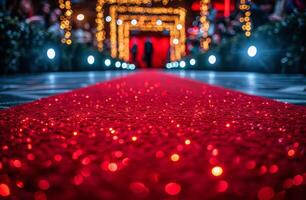 ai generado rojo alfombrado zona con pasos y luces foto